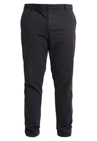 Pantalon noir à jambes droites en coton avec une texture lisse, doté d'une fermeture à bouton et de poches latérales. Design simple sans motifs.