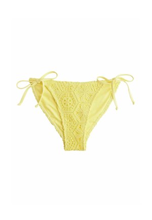 Yellow bikini bottoms with a textured crocheted design featuring ties on each side for adjustable fit.