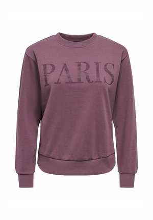 Sweat mauve à col rond avec manches longues et « PARIS » écrit sur la poitrine en petits points noirs.