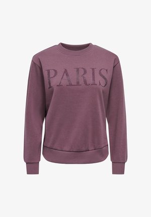 Sweat mauve à col rond avec manches longues et « PARIS » écrit sur la poitrine en petits points noirs.