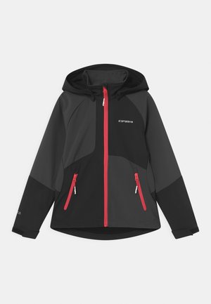 Czarna i szara kurtka z kapturem, z czerwonymi suwakami i akcentami. Wykonana z miękkiego, odpornego na warunki atmosferyczne materiału, o eleganckim designie.