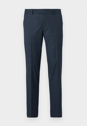 Pantaloni blu navy in un tessuto testurizzato con un sottile motivo a quadretti. Fit sartoriale con pence frontali e tasche laterali.