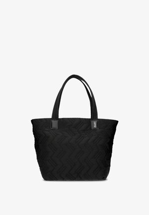 Borsa tote nera trapuntata con due manici, caratterizzata da un motivo zigzag testurizzato e dettagli in pelle nera sui manici. Materiale in tessuto resistente.