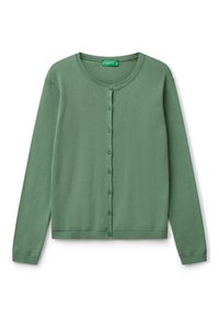 Zelený kardigan vyrobený z jemného pleteného materiálu, má kulatý výstřih, dlouhé rukávy a šest odpovídajících knoflíků vpředu.