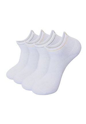 Vijf paar witte enkelsokken met een lage snit en dunne grijze en beige strepen op de boord, naast elkaar gerangschikt.