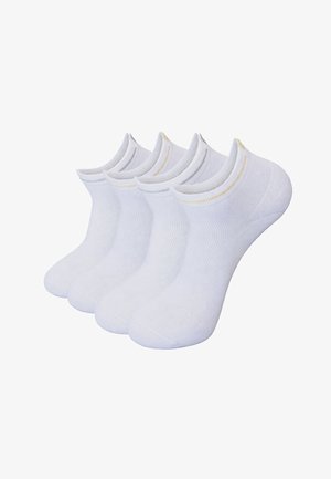 Vijf paar witte enkelsokken met een lage snit en dunne grijze en beige strepen op de boord, naast elkaar gerangschikt.