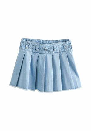 Falda de mezclilla azul claro con pliegues, una cintura con pasadores para cinturón y un lazo frontal. Dobladillo sin rematar con una silueta ligeramente acampanada.