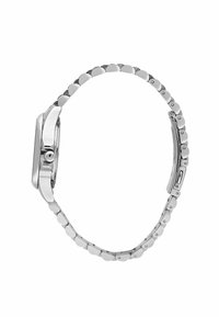 Orologio in acciaio inox argento con quadrante rettangolare, bracciale ad anelli collegati e chiusura a scatto. Superficie liscia con finitura lucida.