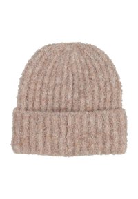 Gebreide beanie muts, lichtroze van kleur, met een geribbelde textuur en een omgeslagen rand aan de onderkant. Zacht, warm materiaal voor koud weer.