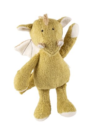 Weiches gelbes Plüsch-Drachenspielzeug mit kleinen weißen Flügeln, beigefarbenen Hörnern und einem erhobenen Arm, stehend auf weißem Hintergrund.