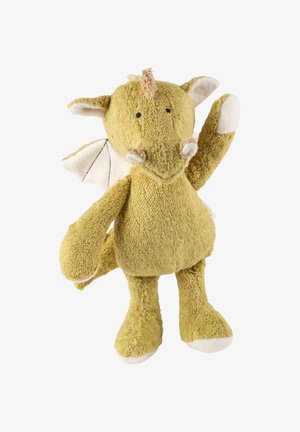 Jouet en peluche dragon jaune doux avec de petites ailes blanches, des cornes beiges et un bras levé, debout sur fond blanc.