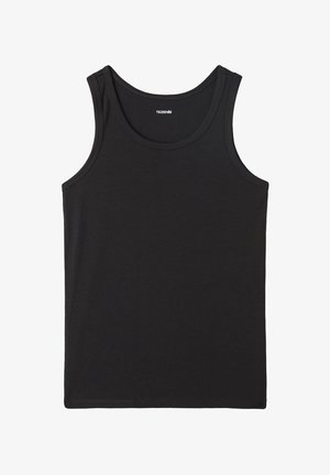 Černý bavlněný top bez rukávů s kulatým výstřihem a širokými ramínky, který má hladkou texturu a žádné viditelné vzory ani loga.