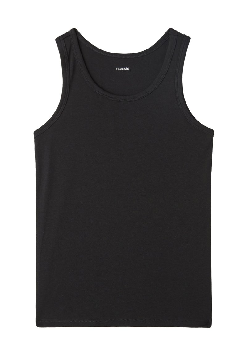 Czarny bawełniany top na ramiączkach z okrągłym dekoltem i szerokimi ramiączkami, o gładkiej teksturze i bez widocznych wzorów czy logo.