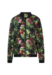 Bloemige bomberjack met een zwarte achtergrond, voorzien van heldergroene, roze en rode palmenpatronen. Ribbelkraag, -manchetten en -zoom.