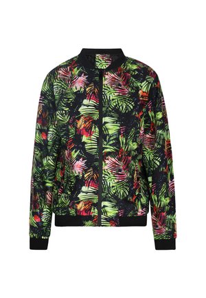 Florale Bomberjacke mit schwarzem Hintergrund, die leuchtend grüne, pinke und rote Palmenblattmuster aufweist. Gerippter Kragen, Bündchen und Saum.