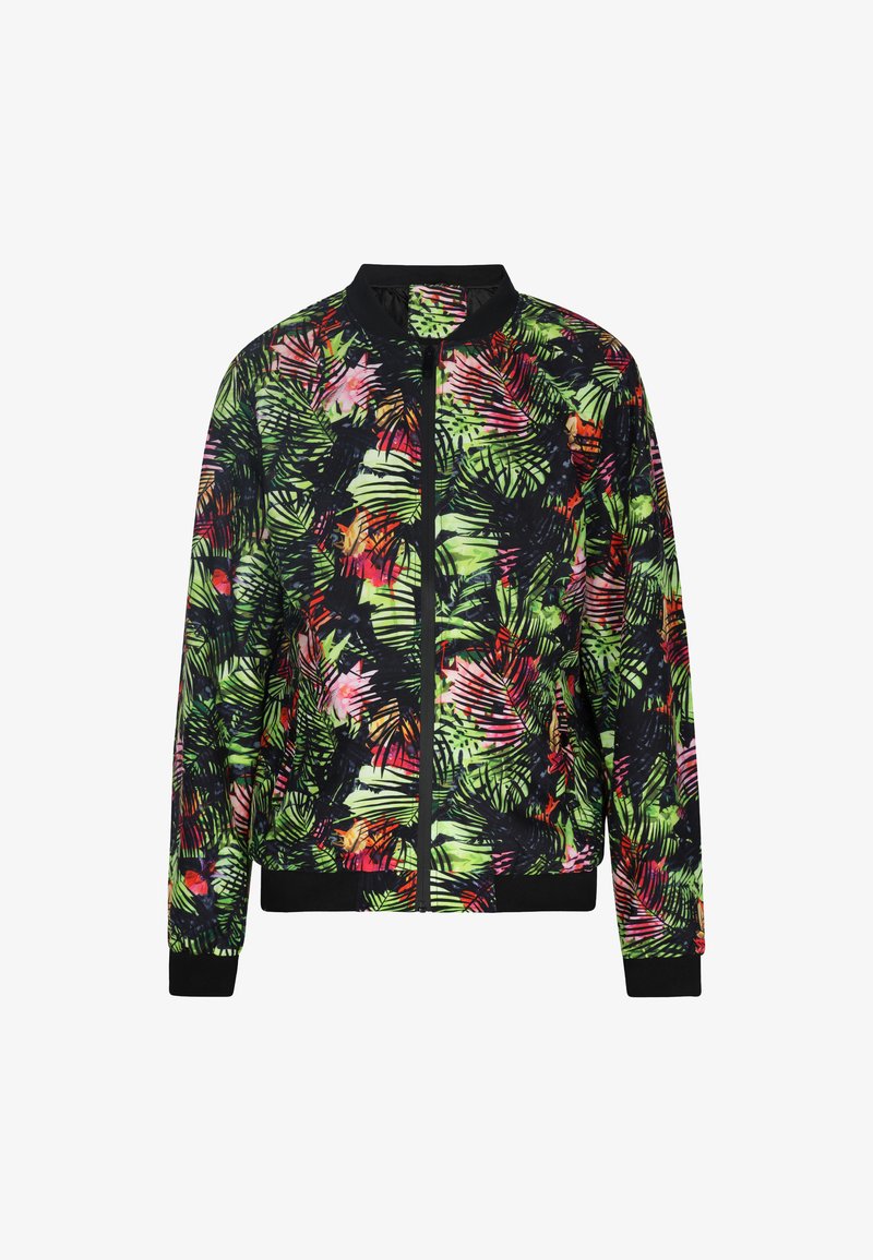 Jachetă bomber florală cu un fundal negru, având modele de frunze de palmier în verde deschis, roz și roșu. Guler, manșete și tiv ribbate.
