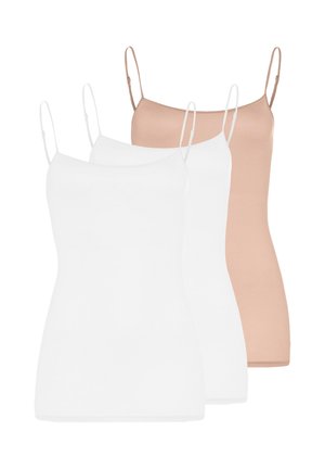 Drie damestopjes met dunne verstelbare bandjes, twee in het wit en één in beige, gelaagd op een witte achtergrond.