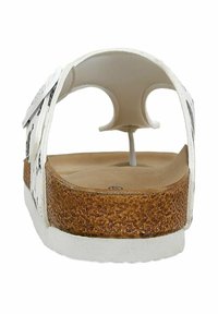 White sandal with a cork sole, featuring cut-out sides and adjustable strap. Textured footbed for comfort. Plain design, minimal detailing.