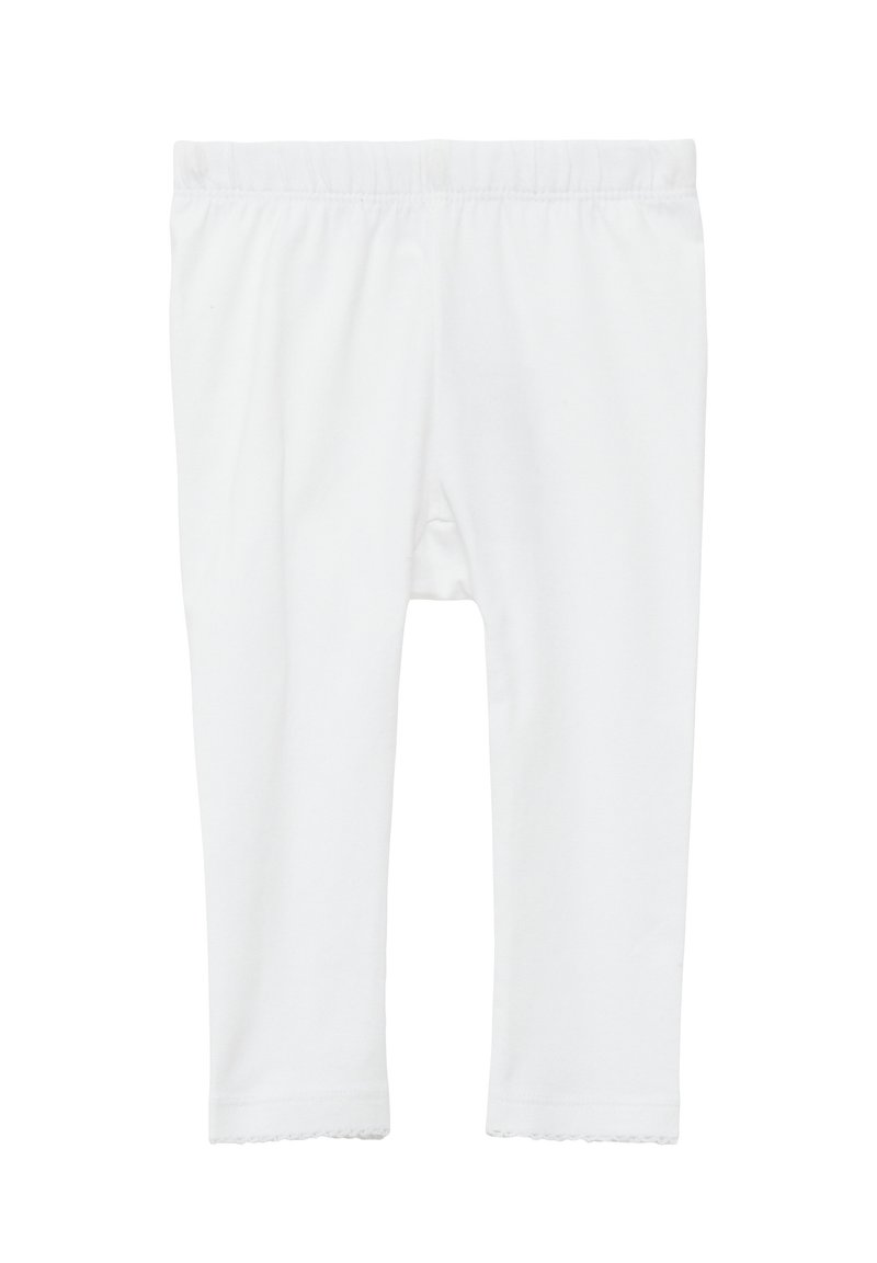Leggings per neonati bianchi morbidi con vita elastica e delicata rifinitura a scallop sull'orlo, progettati per il comfort e la facilità di utilizzo.