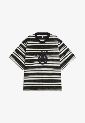 Striped T-shirt with black and cream colors, short sleeves, crew neck, featuring a textured graphic design in the center.
