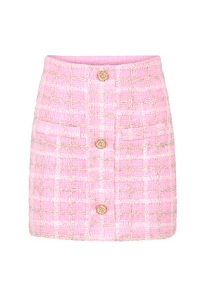 Roze tweed miniskirt met een patroon van witte en gouden draden. Heeft een soepel tailleband en drie gouden knoopaccenten aan de voorkant.