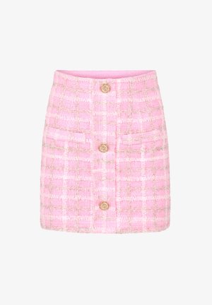 Rosa Tweed-Minirock mit einem Muster aus weißen und goldenen Fäden. Verfügt über einen glatten Bund und drei goldene Knopfakzente auf der Vorderseite.