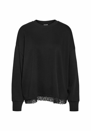 Svart sweatshirt i mjukt tyg, med rundad halsringning, sänkta axlar och spetsdetaljer vid fållen för extra finess.