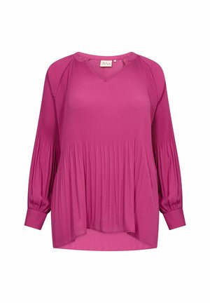 Blusa rosa de manga larga con escote en V, con textura plisada, corte holgado y mangas recogidas, diseñada para un uso relajado.