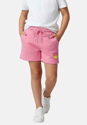 Roze katoenen korte broek met een elastische tailleband en een trekkoord. Voorzien van zijzakken en een zonafbeelding aan de voorkant.