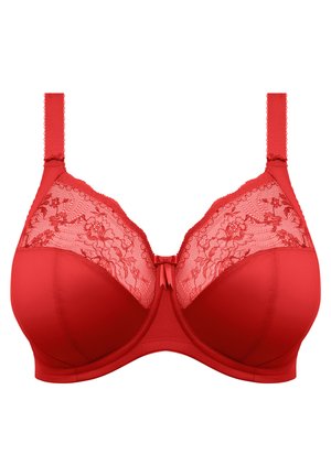 Sostén rojo con copas superiores de encaje, copas inferiores lisas y un pequeño lazo en el centro. Las tirantes ajustables y el aros proporcionan soporte.