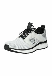 Scarpe sportive con una tomaia in rete bianca, dettagli neri, un tallone grigio testurizzato e una suola ammortizzata, presentano un logo sul lato.
