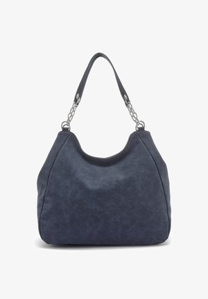 Navy blue leather handbag with a slouchy design, smooth texture, and a dual-chain shoulder strap. Features subtle seams and rounded silhouette.