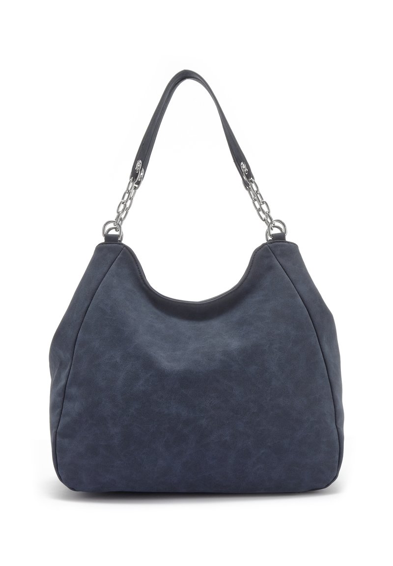 Navy blue leather handbag with a slouchy design, smooth texture, and a dual-chain shoulder strap. Features subtle seams and rounded silhouette.