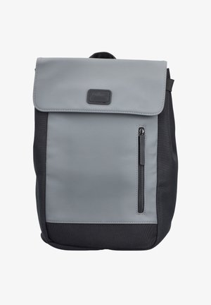 Gray and black rectangular backpack with a front flap and vertical zippered pocket on a plain white background.