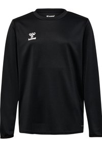 Maglietta atletica nera a maniche lunghe realizzata in tessuto liscio e traspirante, con scollatura rotonda e logo Hummel bianco sul petto.