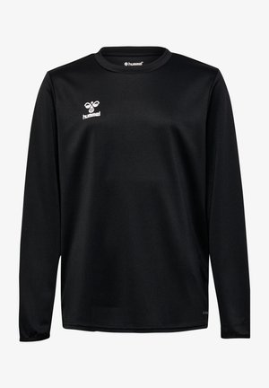 Maglietta atletica nera a maniche lunghe realizzata in tessuto liscio e traspirante, con scollatura rotonda e logo Hummel bianco sul petto.