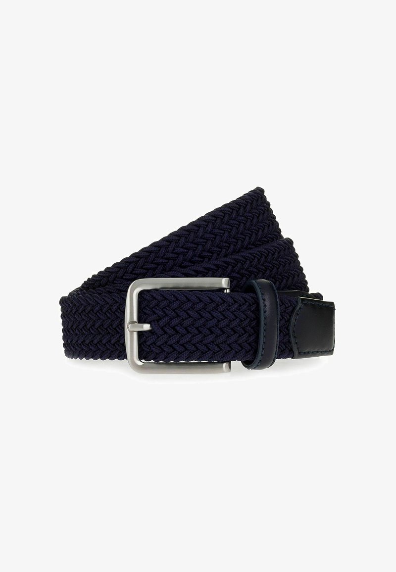 Cintura in tessuto intrecciato color navy con fibbia metallica argentata e dettagli in pelle nera. Presenta un motivo intrecciato e una vestibilità regolabile.