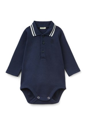 Body neonato a maniche lunghe di colore blu navy con colletto, strisce bianche, tre bottoni frontali e chiusure a scatto sul fondo.