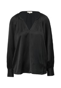 Black satin blouse with a V-neckline, long sleeves with gathered detailing at shoulders, and a loose, flowing fit. Smooth texture.