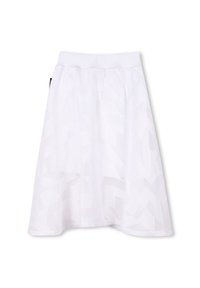 Jupe blanche évasée avec un motif texturé de formes géométriques, dotée d'une taille élastique et d'une coupe au genou.