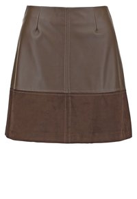 Brauner Lederrock mit einem Suedeunterteil. Merkmale: Steppnähte und gerader Schnitt. Durchgehend glatte Textur.