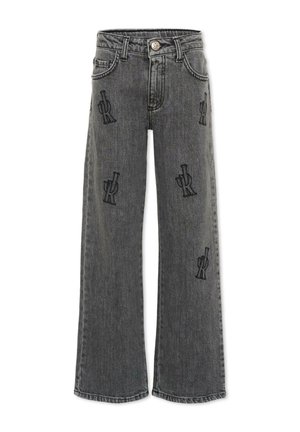 Grijze high-waist jeans met wijde pijpen, versierd met geborduurde zwarte cactusontwerpen verspreid over de voorkant van de pijpen en klassieke vijfzakkenstijl.