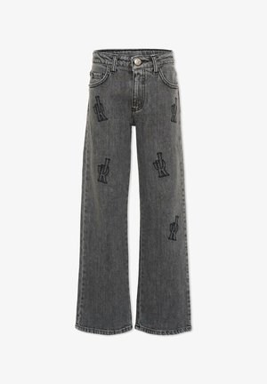 Jeans grigi a vita alta con gambe larghe, decorati con ricami di cactus neri sparsi sulla parte anteriore e classica struttura a cinque tasche.