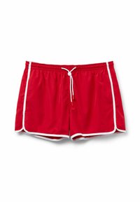 Rote Badeshorts mit einem Kordelzugbund, weißen Akzentstreifen an den Seiten und einem glatten, leichten Material.