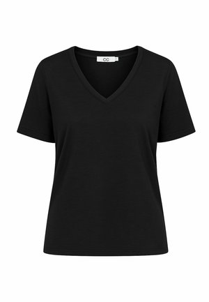 T-shirt noir à manches courtes avec un col en V. Confectionné en tissu lisse avec une coupe décontractée, il présente des coutures minimales et aucun motif.