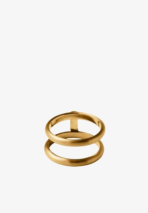 Anillo de doble banda de color dorado con una pequeña barra horizontal que conecta las dos bandas circulares, mostrado sobre un fondo blanco.