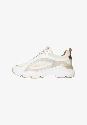 White athletic sneakers with a mesh upper, beige accents, textured details, and a thick white sole. Features a light reflective detail.