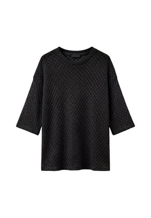 Top nero a maniche corte in maglia con motivo a trama aperta a forma di diamante e scollo rotondo.