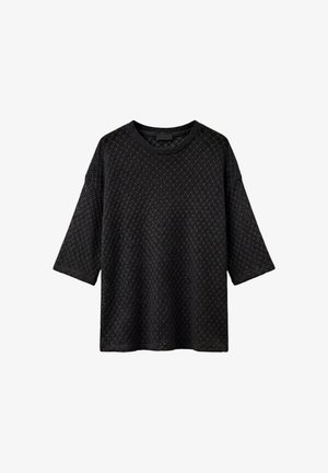 Top nero a maniche corte in maglia con motivo a trama aperta a forma di diamante e scollo rotondo.
