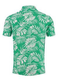 Korte mouw shirt in groene stof met een wit tropisch loofpatroon, voorzien van een klassieke kraag en een rechte achterzoom.